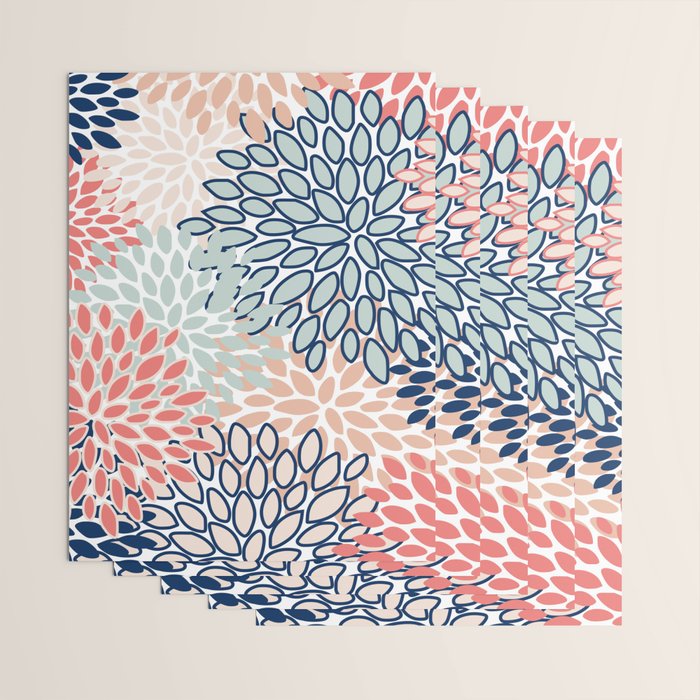 Festive, Floral Prints, Coral, Navy, Aqua Wrapping Paper Gallery Image 3