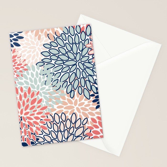 Festive, Floral Prints, Coral, Navy, Aqua Stationery Card Gallery Image 2