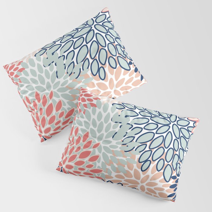 Festive, Floral Prints, Coral, Navy, Aqua Pillow Sham Gallery Image 1