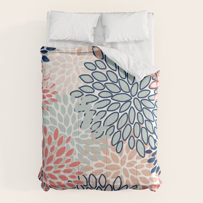 Festive, Floral Prints, Coral, Navy, Aqua Comforter Gallery Image 1