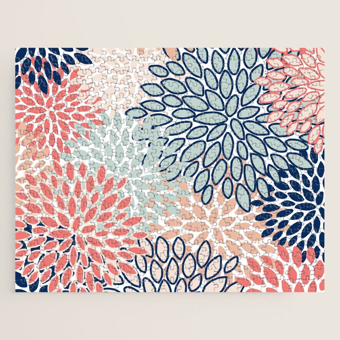 Festive, Floral Prints, Coral, Navy, Aqua Jigsaw Puzzle Gallery Image 1