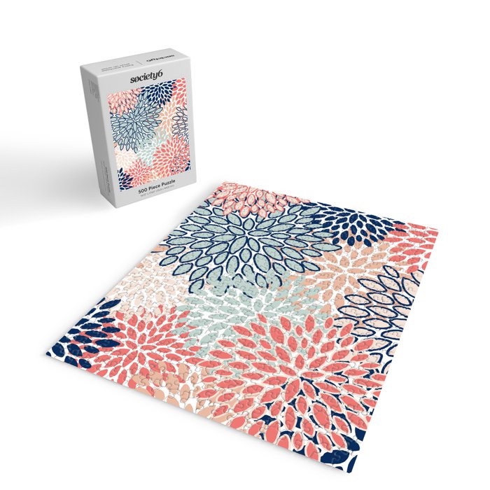 Festive, Floral Prints, Coral, Navy, Aqua Jigsaw Puzzle Gallery Image 2