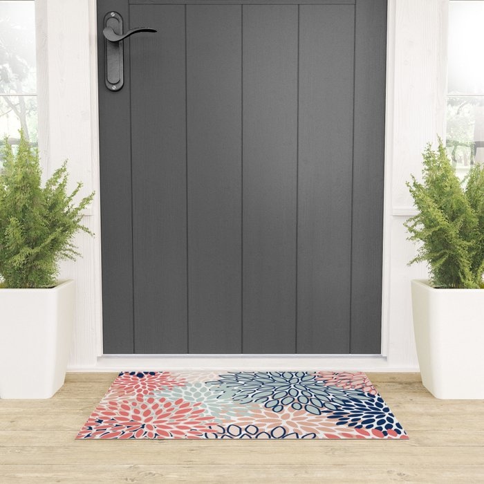 Festive, Floral Prints, Coral, Navy, Aqua Welcome Mat Gallery Image 3
