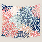 Festive, Floral Prints, Coral, Navy, Aqua Wall Tapestry Gallery Image 4