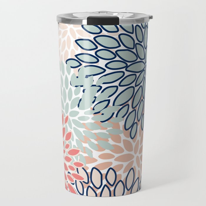 Festive, Floral Prints, Coral, Navy, Aqua Travel Mug Gallery Image 1