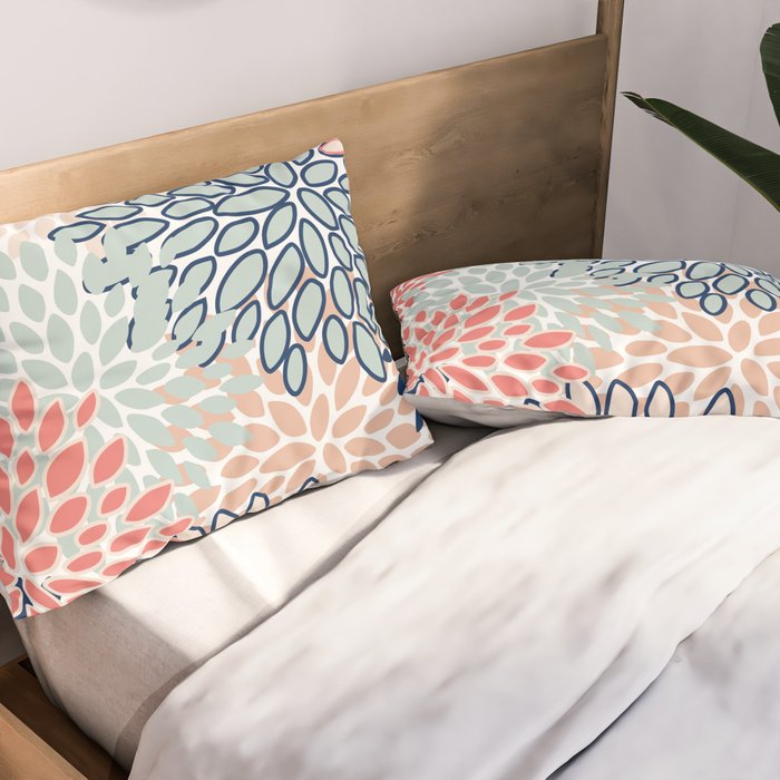 Festive, Floral Prints, Coral, Navy, Aqua Pillow Sham Gallery Image 2