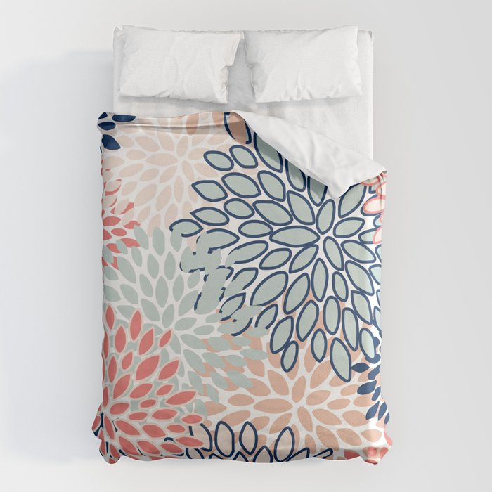 Festive, Floral Prints, Coral, Navy, Aqua Duvet Cover Gallery Image 1