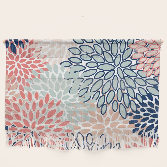 Festive, Floral Prints, Coral, Navy, Aqua Wall Hanging Gallery Image 1