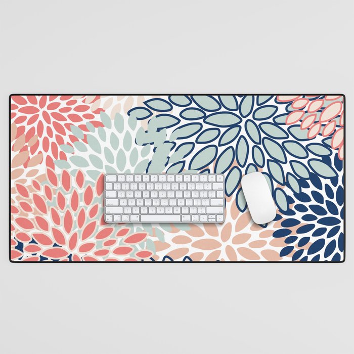 Festive, Floral Prints, Coral, Navy, Aqua Desk Mat Gallery Image 1