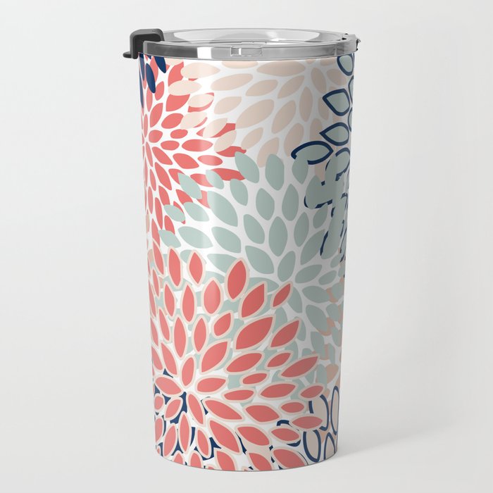 Festive, Floral Prints, Coral, Navy, Aqua Travel Mug Gallery Image 3