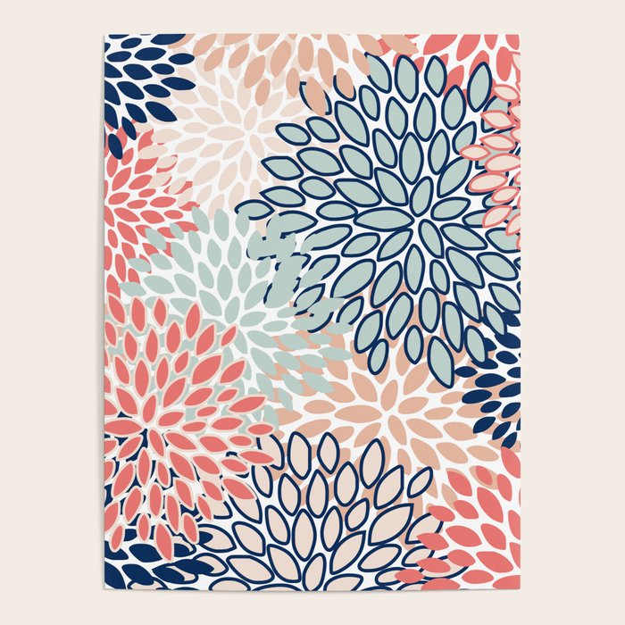 Festive, Floral Prints, Coral, Navy, Aqua Poster Gallery Image 1