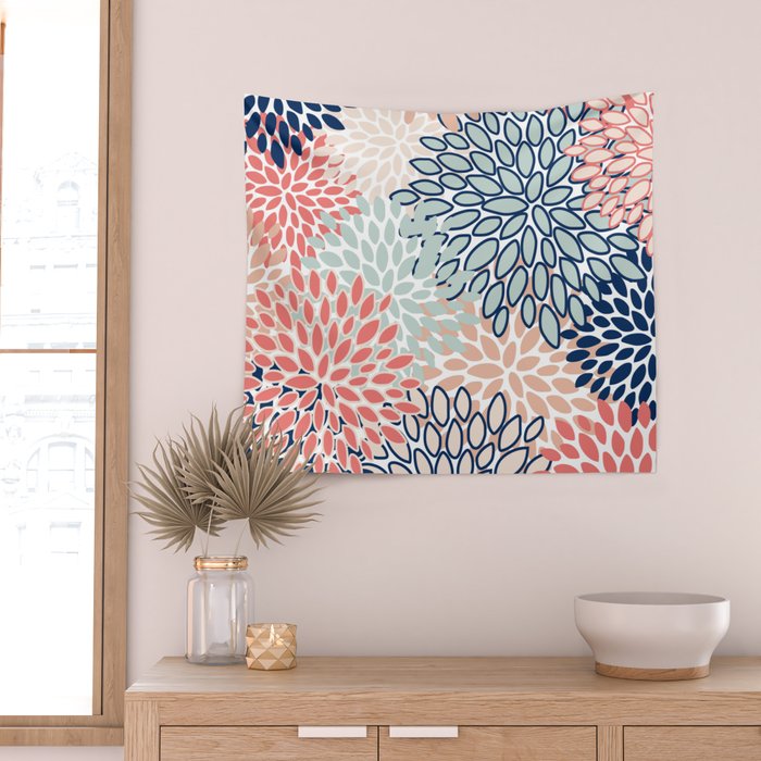 Festive, Floral Prints, Coral, Navy, Aqua Wall Tapestry Gallery Image 2