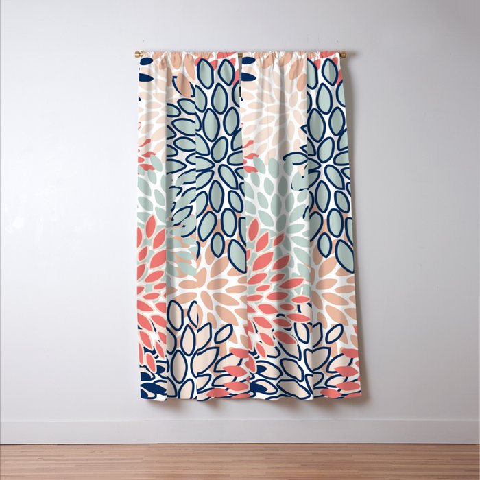 Festive, Floral Prints, Coral, Navy, Aqua Window Curtain Gallery Image 3