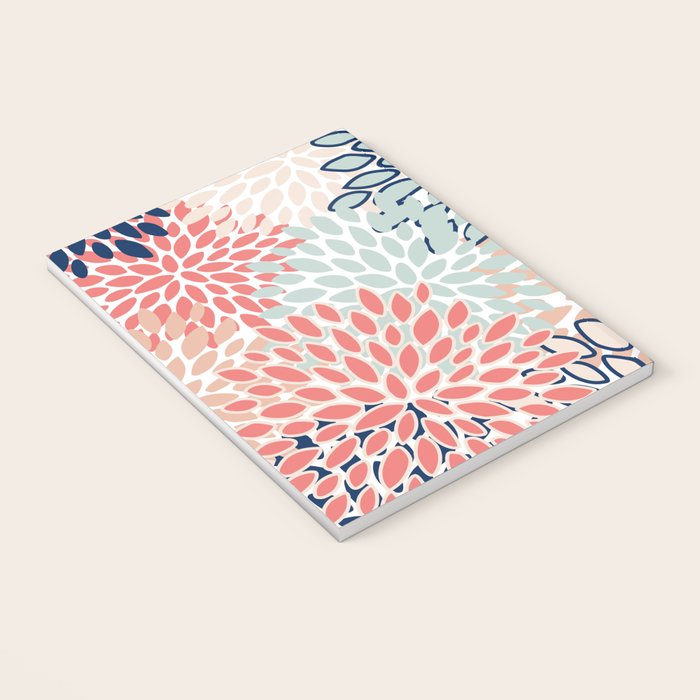 Festive, Floral Prints, Coral, Navy, Aqua Notebook Gallery Image 3