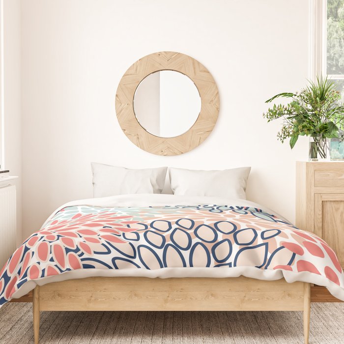 Festive, Floral Prints, Coral, Navy, Aqua Duvet Cover Gallery Image 3