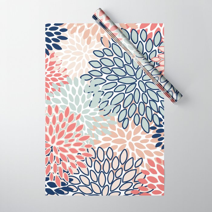 Festive, Floral Prints, Coral, Navy, Aqua Wrapping Paper Gallery Image 1