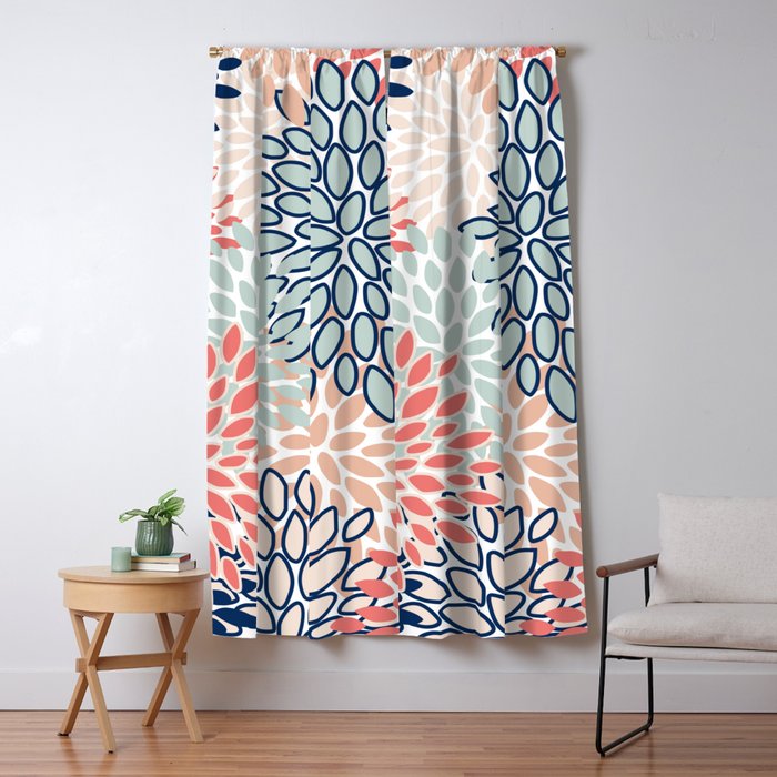 Festive, Floral Prints, Coral, Navy, Aqua Window Curtain Gallery Image 1
