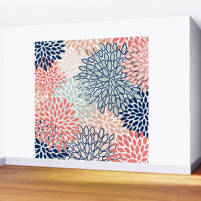 Festive, Floral Prints, Coral, Navy, Aqua Wall Mural Gallery Image 2