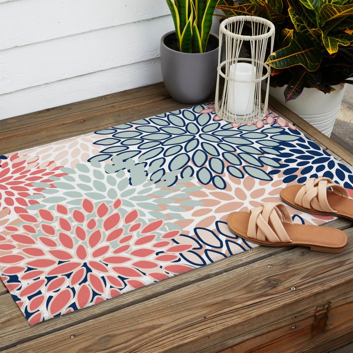 Festive, Floral Prints, Coral, Navy, Aqua Outdoor Rug Gallery Image 2