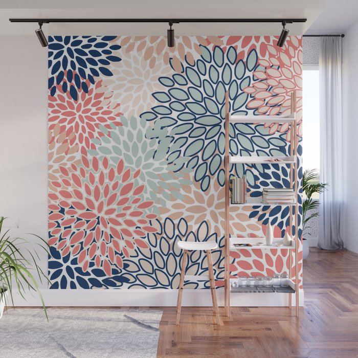 Festive, Floral Prints, Coral, Navy, Aqua Wall Mural Gallery Image 1