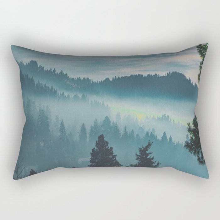 Misty Blue Watercolor Mountains Pine Trees Silhouette Minimalist Monochromatic Photo Rectangular Pillow Gallery Image 1