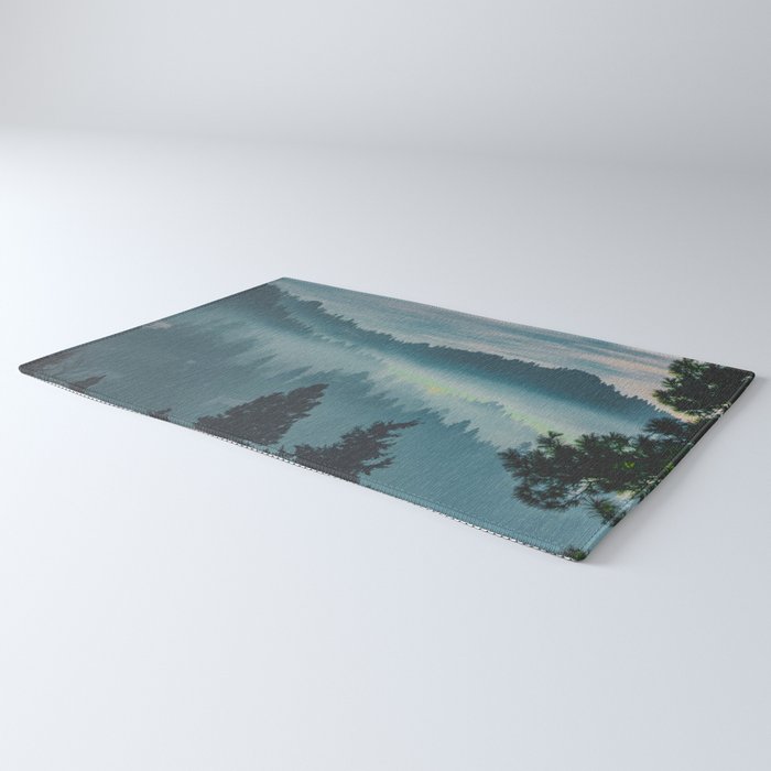 Misty Blue Watercolor Mountains Pine Trees Silhouette Minimalist Monochromatic Photo Rug Gallery Image 3