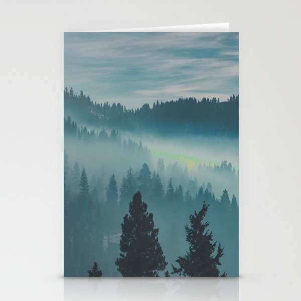 Misty Blue Watercolor Mountains Pine Trees Silhouette Minimalist Monochromatic Photo Stationery Card Gallery Image 1