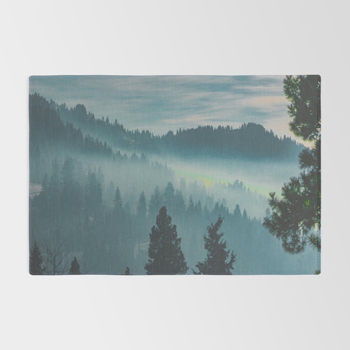 Misty Blue Watercolor Mountains Pine Trees Silhouette Minimalist Monochromatic Photo Rug Gallery Image 2