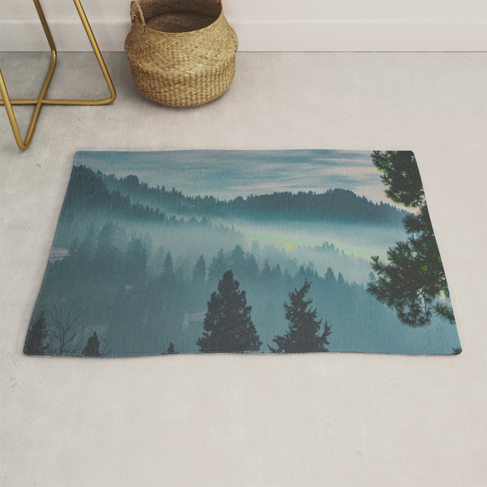 Misty Blue Watercolor Mountains Pine Trees Silhouette Minimalist Monochromatic Photo Rug Gallery Image 1