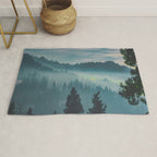 Misty Blue Watercolor Mountains Pine Trees Silhouette Minimalist Monochromatic Photo Rug Gallery Image 1