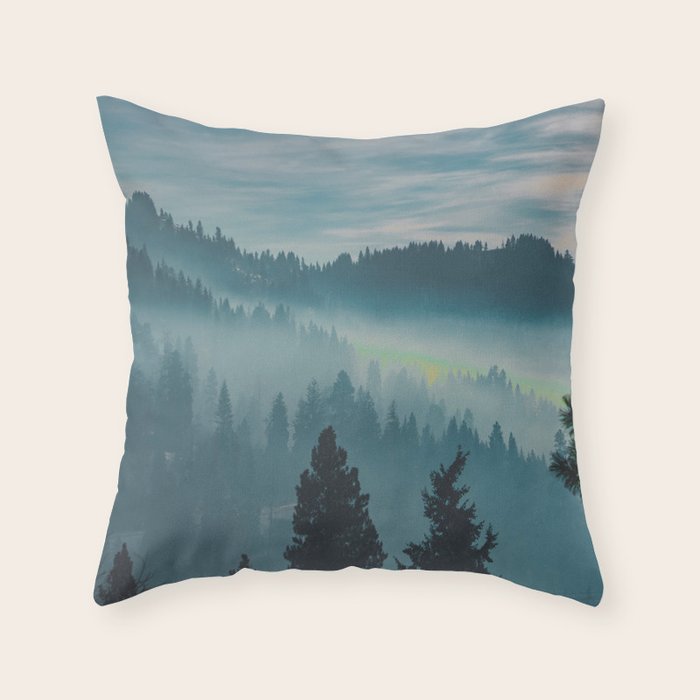 Misty Blue Watercolor Mountains Pine Trees Silhouette Minimalist Monochromatic Photo Throw Pillow Gallery Image 6