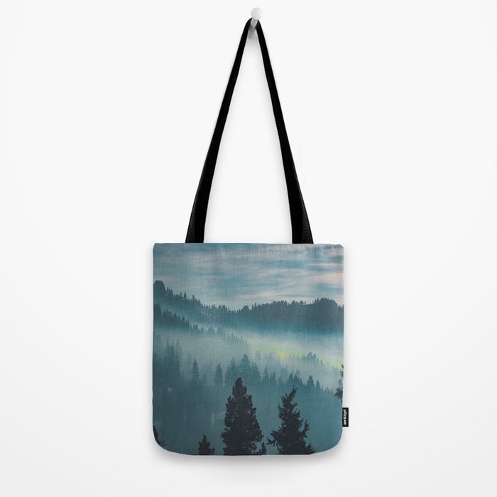 Misty Blue Watercolor Mountains Pine Trees Silhouette Minimalist Monochromatic Photo Tote Bag Gallery Image 2
