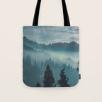 Misty Blue Watercolor Mountains Pine Trees Silhouette Minimalist Monochromatic Photo Tote Bag Gallery Image 1