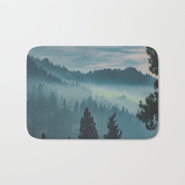 Misty Blue Watercolor Mountains Pine Trees Silhouette Minimalist Monochromatic Photo Bath Mat Gallery Image 1