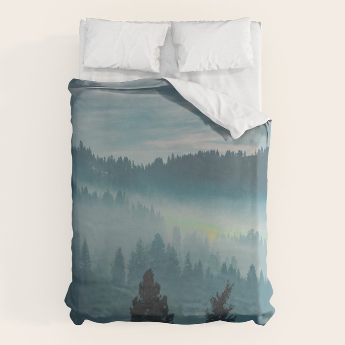 Misty Blue Watercolor Mountains Pine Trees Silhouette Minimalist Monochromatic Photo Duvet Cover Gallery Image 1