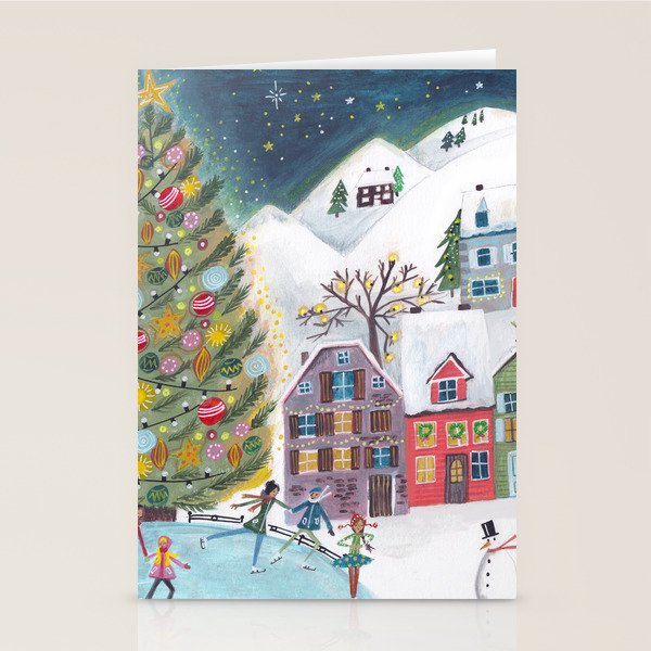 Skating retro winter snow landscape Stationery Card Gallery Image 1
