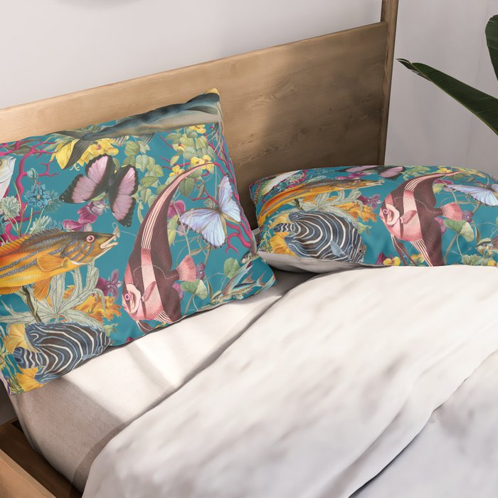 Vintage Floral Ocean on Teal Pillow Sham Gallery Image 2