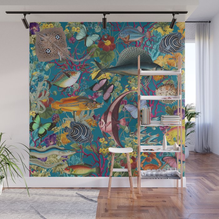 Vintage Floral Ocean on Teal Wall Mural Gallery Image 1