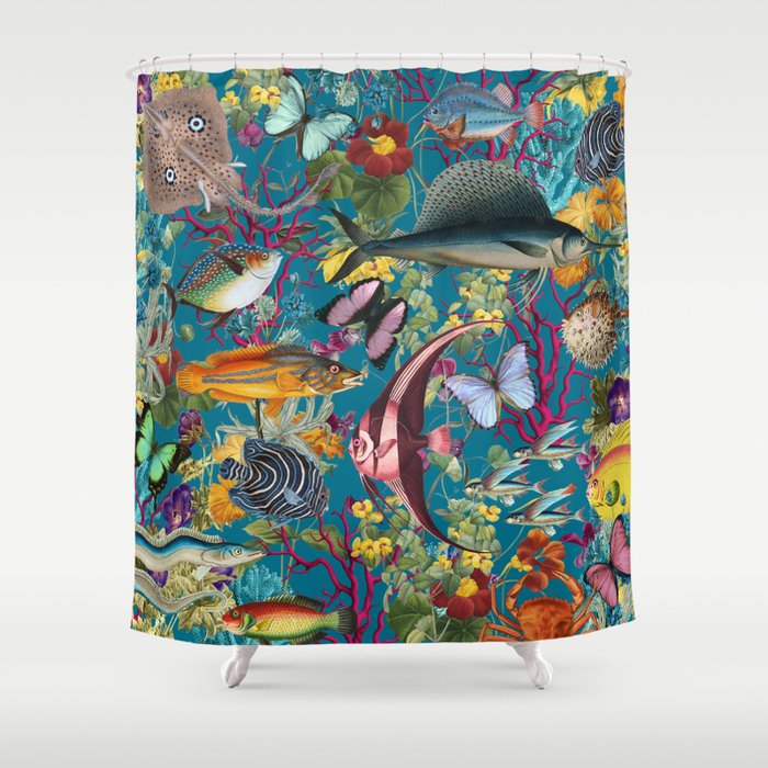 Vintage Floral Ocean on Teal Shower Curtain Gallery Image 1