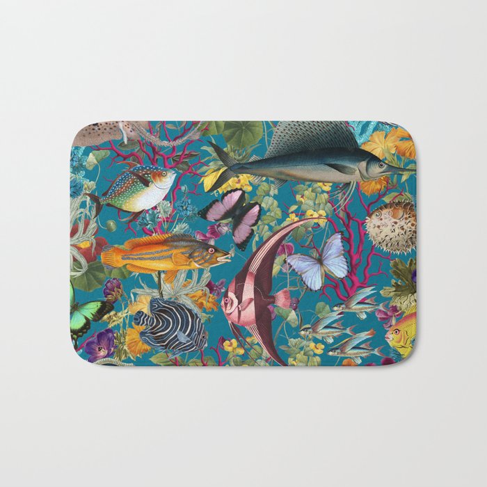 Vintage Floral Ocean on Teal Bath Mat Gallery Image 1