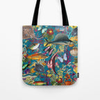 Vintage Floral Ocean on Teal Tote Bag Gallery Image 1