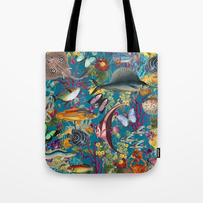 Vintage Floral Ocean on Teal Tote Bag Gallery Image 1