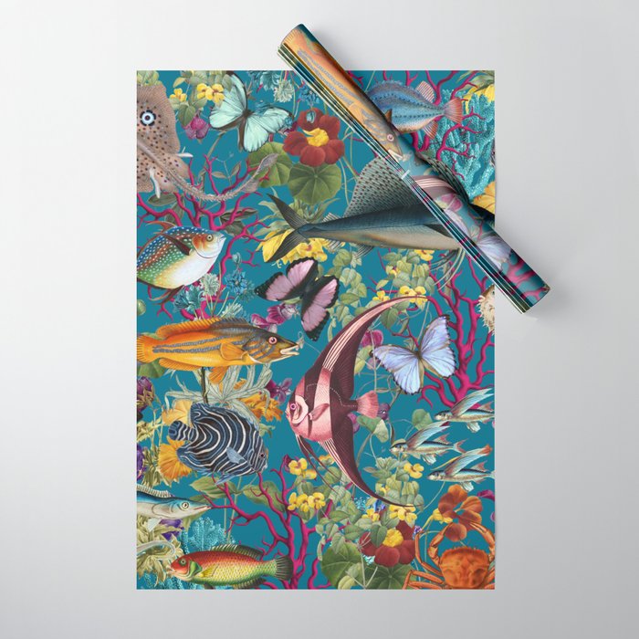 Vintage Floral Ocean on Teal Wrapping Paper Gallery Image 1