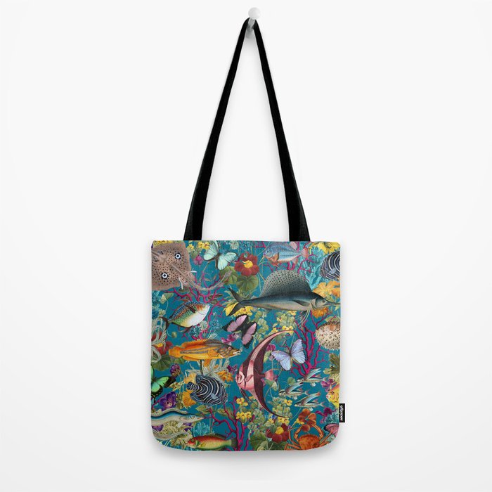 Vintage Floral Ocean on Teal Tote Bag Gallery Image 2