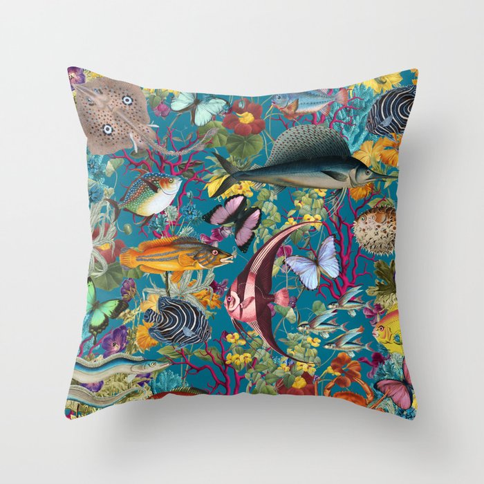 Vintage Floral Ocean on Teal Throw Pillow Gallery Image 1