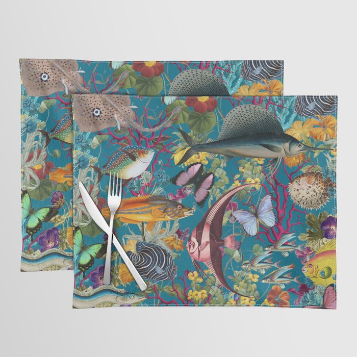 Vintage Floral Ocean on Teal Placemat Gallery Image 1