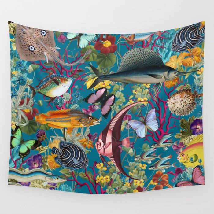 Vintage Floral Ocean on Teal Wall Tapestry Gallery Image 1