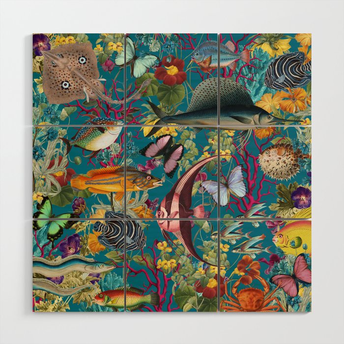 Vintage Floral Ocean on Teal Wood Wall Art Gallery Image 1