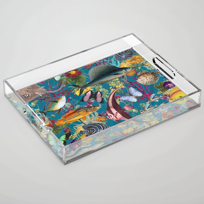 Vintage Floral Ocean on Teal Acrylic Tray Gallery Image 1