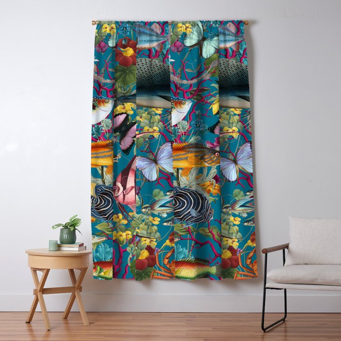 Vintage Floral Ocean on Teal Window Curtain Gallery Image 5